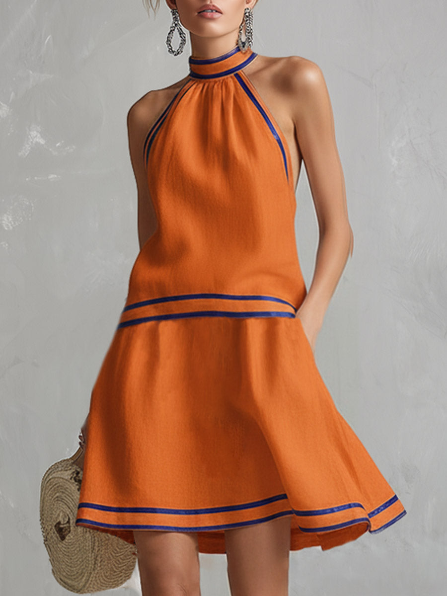 Elegante minivestido con escote halter | Mezcla de algodón y lino