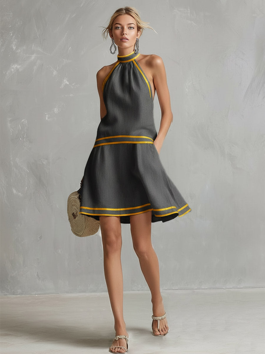 Elegante minivestido con escote halter | Mezcla de algodón y lino
