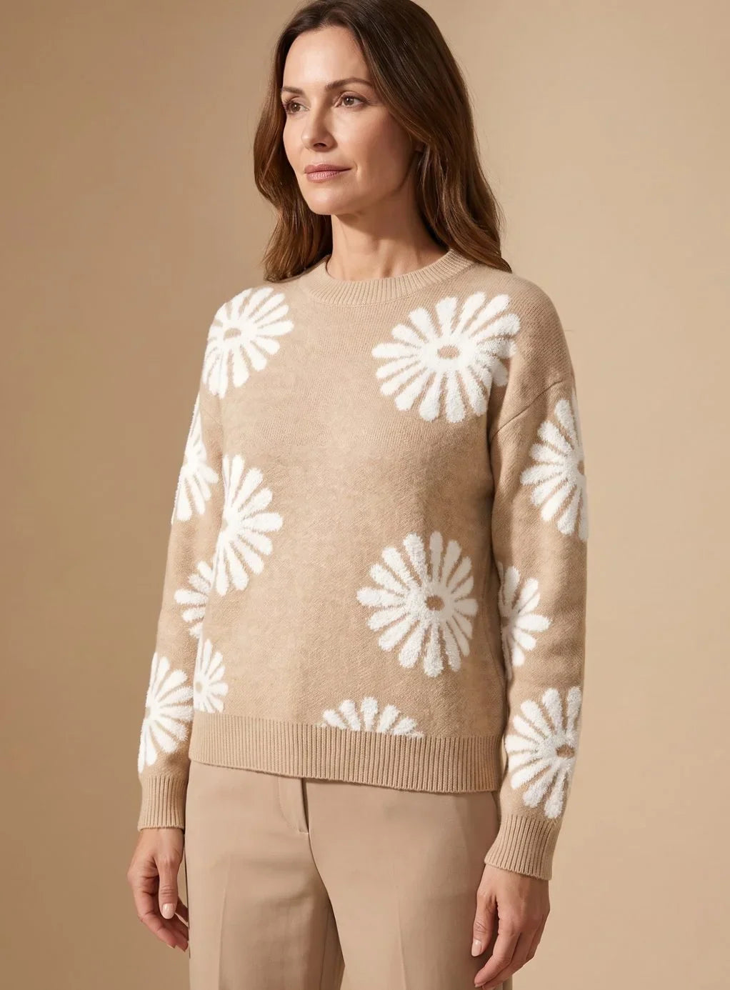 Mujer Jersey de Punto con Estampado Floral | Cuello Redondo & Manga Larga | Uso Diario
