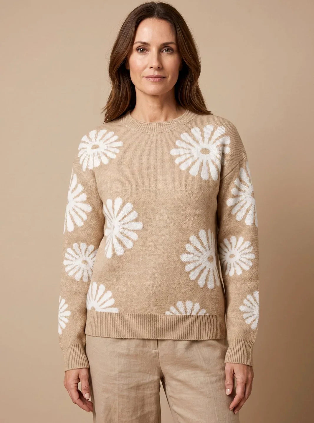 Mujer Jersey de Punto con Estampado Floral | Cuello Redondo & Manga Larga | Uso Diario