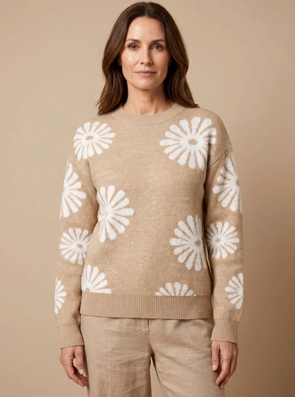 Mujer Jersey de Punto con Estampado Floral | Cuello Redondo & Manga Larga | Uso Diario