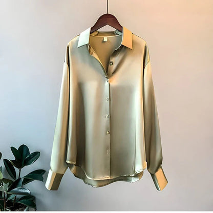 Blusa elegante de manga larga para mujer | Seda satinada