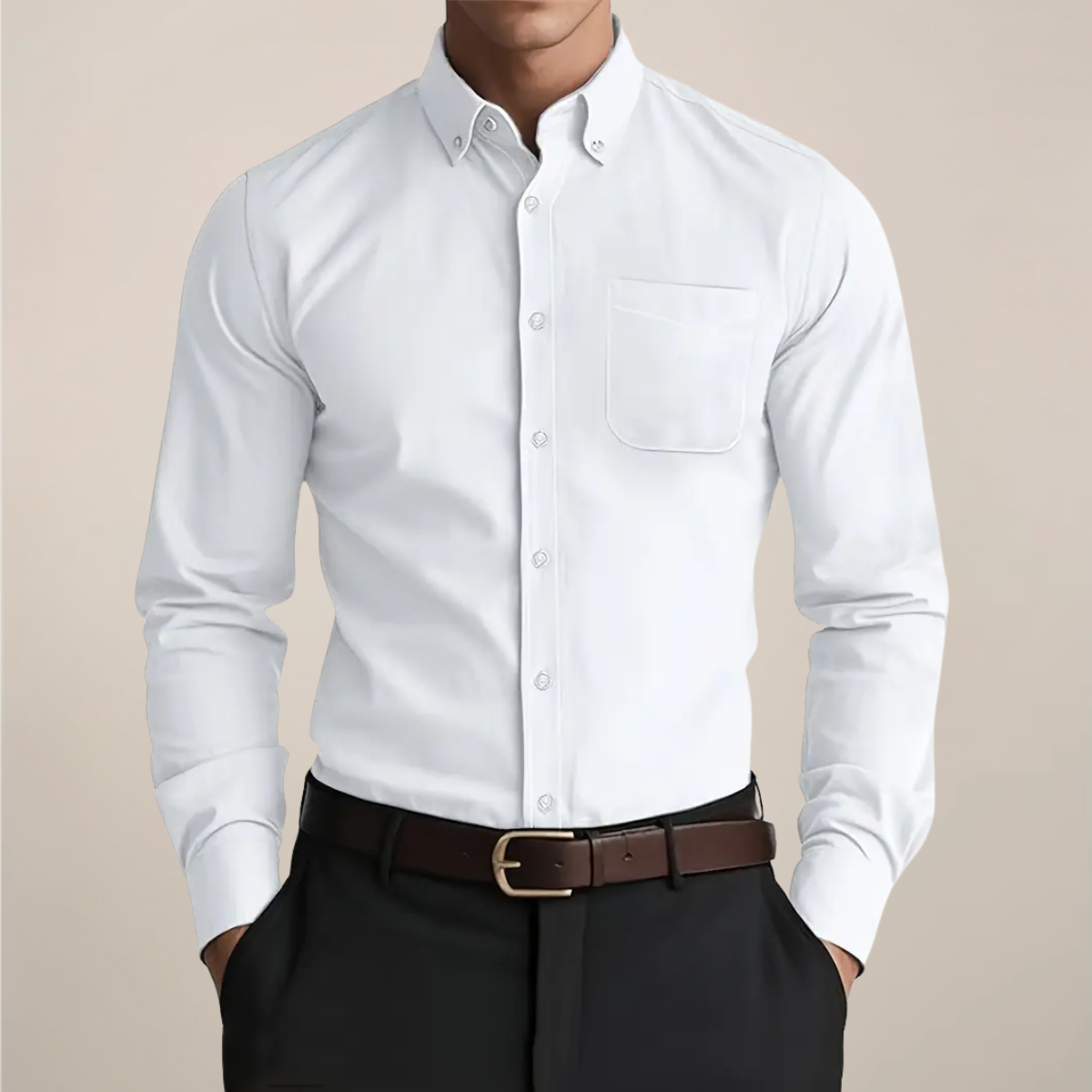 Hombre Camisa de Manga Larga | Bolsillo en el Pecho & Cuello Button-Down | Uso Diario