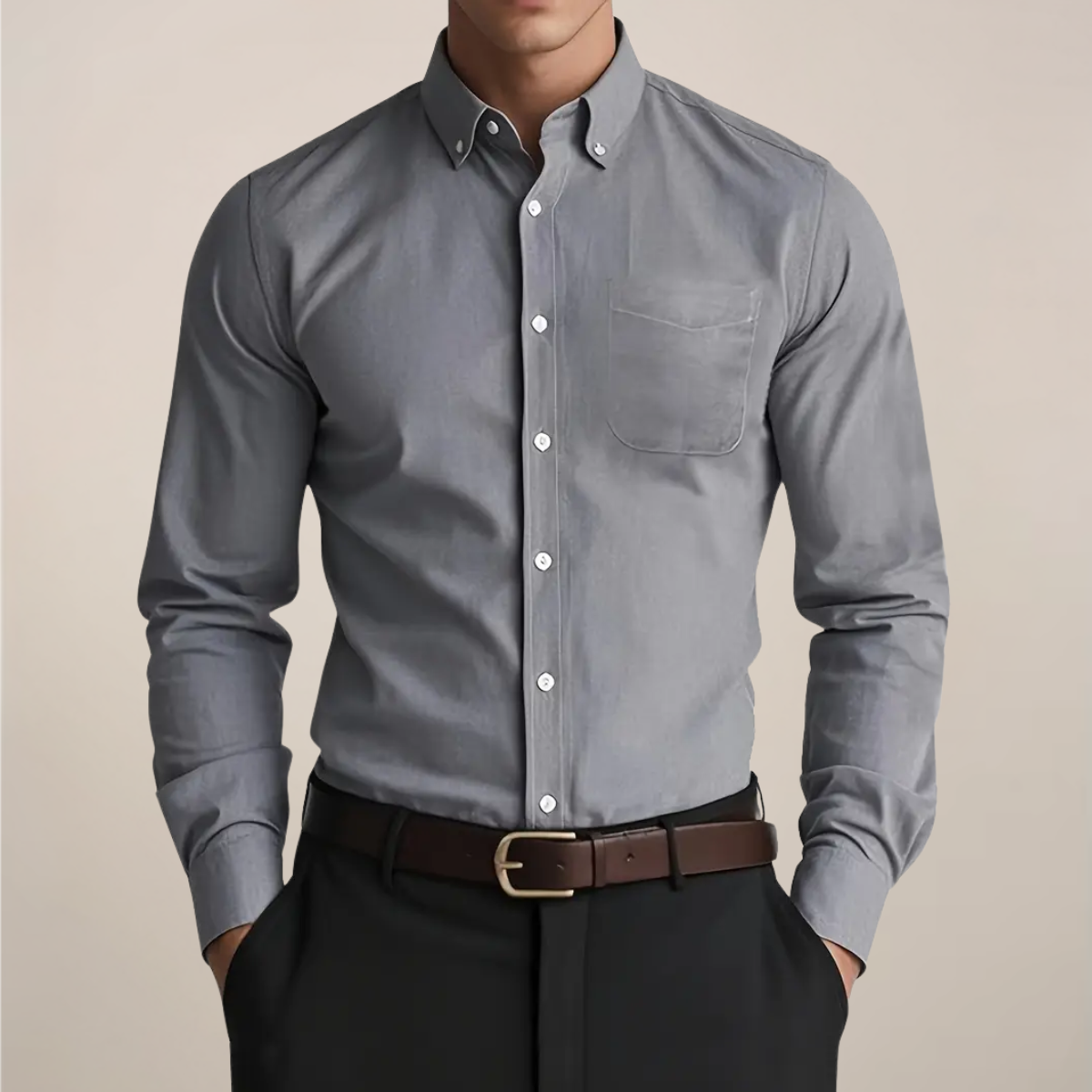 Hombre Camisa de Manga Larga | Bolsillo en el Pecho & Cuello Button-Down | Uso Diario