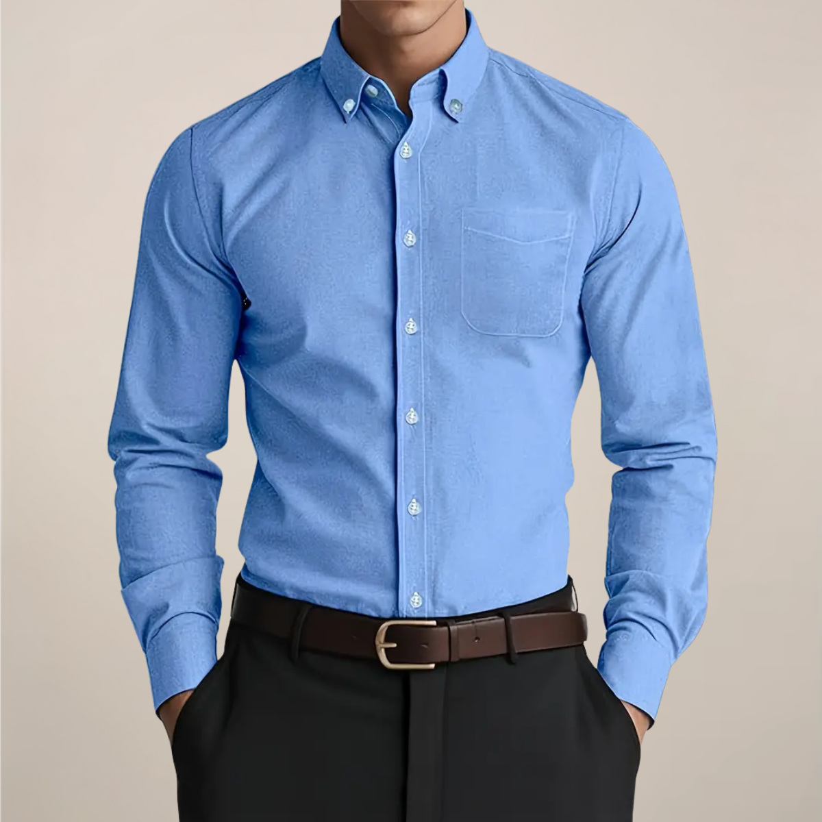 Hombre Camisa de Manga Larga | Bolsillo en el Pecho & Cuello Button-Down | Uso Diario