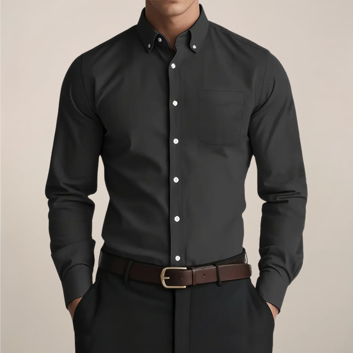 Hombre Camisa de Manga Larga | Bolsillo en el Pecho & Cuello Button-Down | Uso Diario