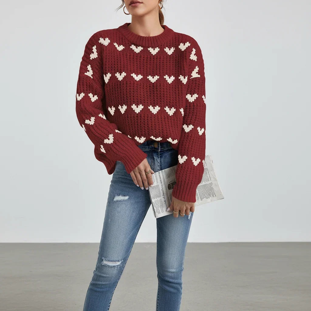 Mujer Jersey con Estampado de Corazones | Cuello Alto & Corte Holgado | Otoño e Invierno
