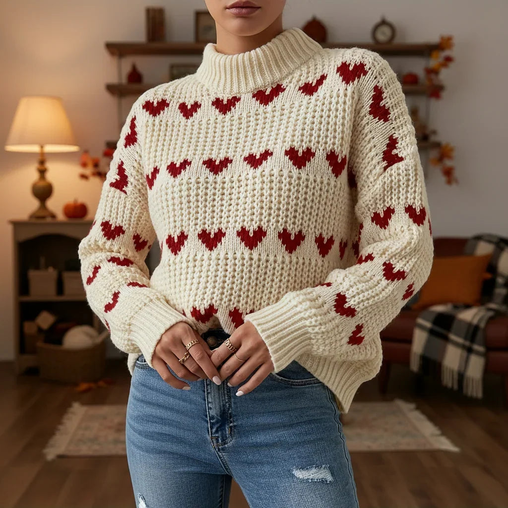 Mujer Jersey con Estampado de Corazones | Cuello Alto & Corte Holgado | Otoño e Invierno