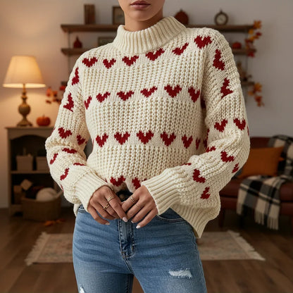 Mujer Jersey con Estampado de Corazones | Cuello Alto & Corte Holgado | Otoño e Invierno
