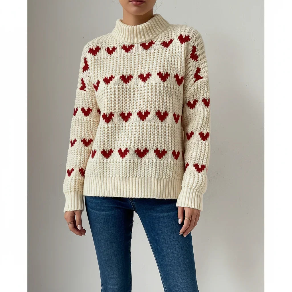 Mujer Jersey con Estampado de Corazones | Cuello Alto & Corte Holgado | Otoño e Invierno