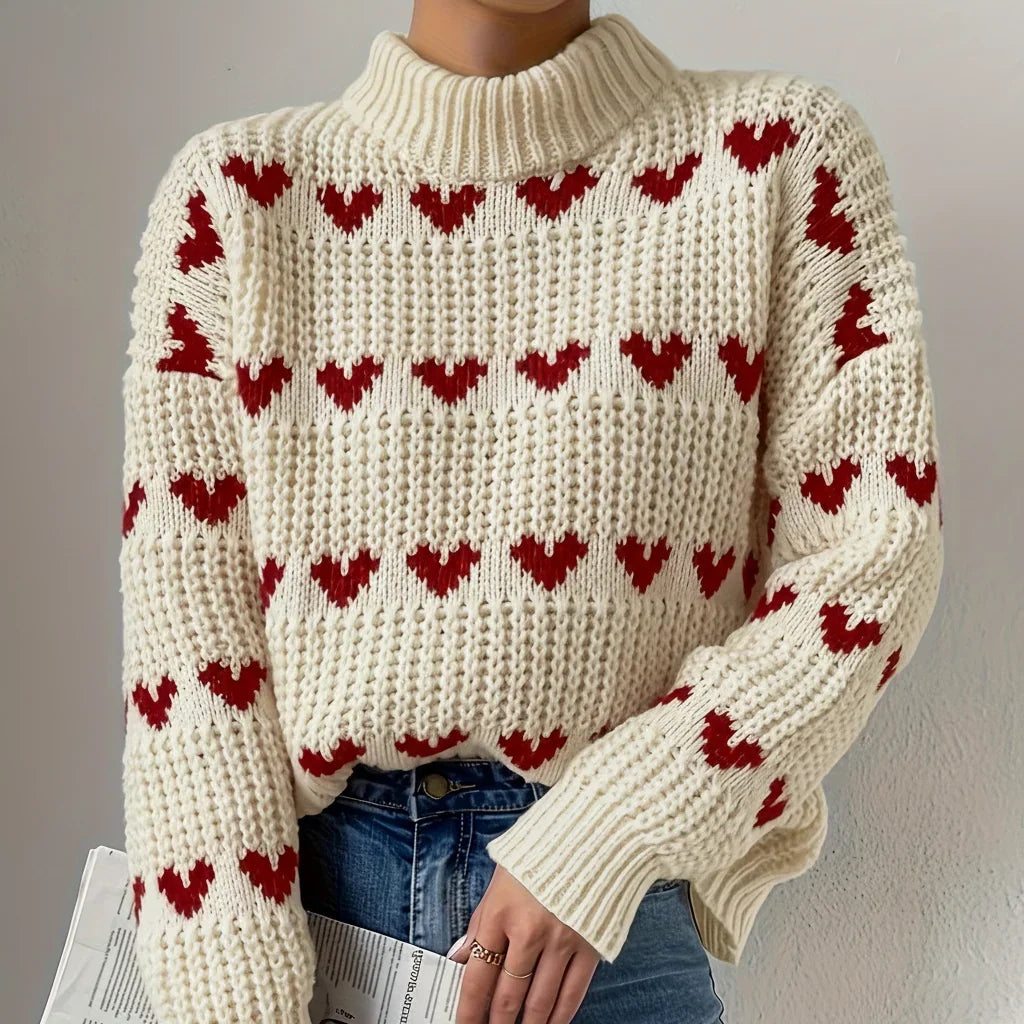 Mujer Jersey con Estampado de Corazones | Cuello Alto & Corte Holgado | Otoño e Invierno
