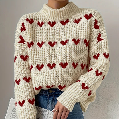 Mujer Jersey con Estampado de Corazones | Cuello Alto & Corte Holgado | Otoño e Invierno