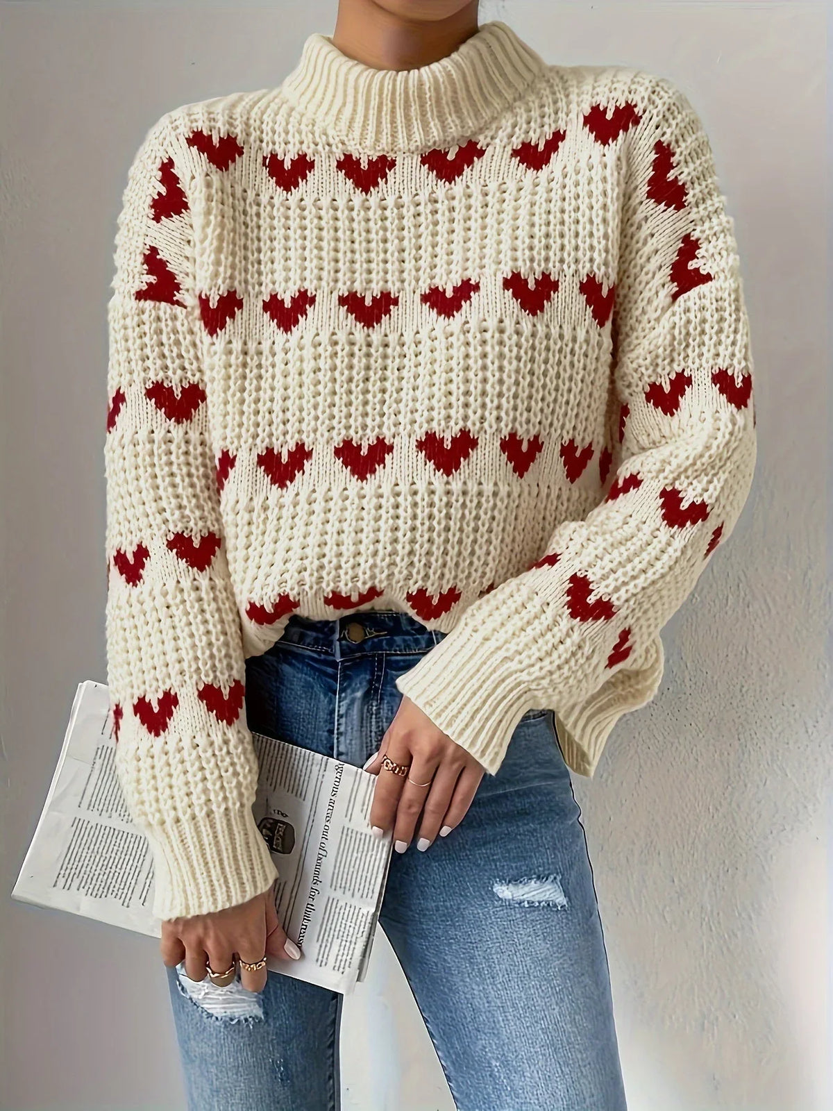 Mujer Jersey con Estampado de Corazones | Cuello Alto & Corte Holgado | Otoño e Invierno