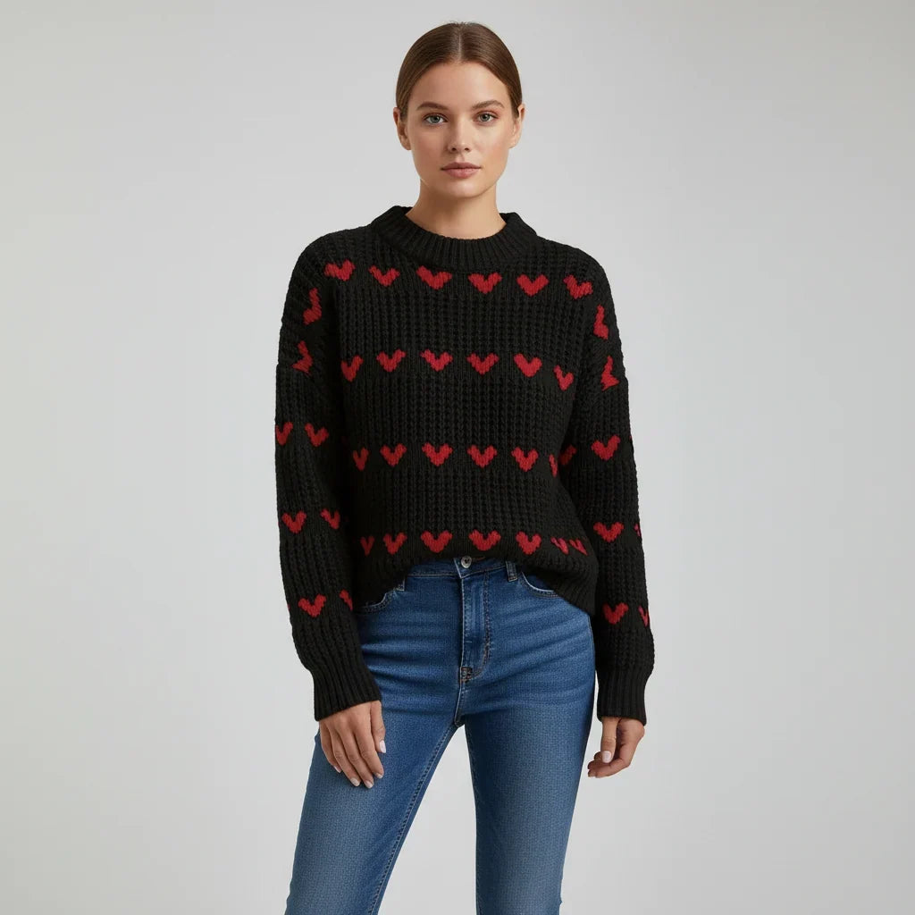 Mujer Jersey con Estampado de Corazones | Cuello Alto & Corte Holgado | Otoño e Invierno