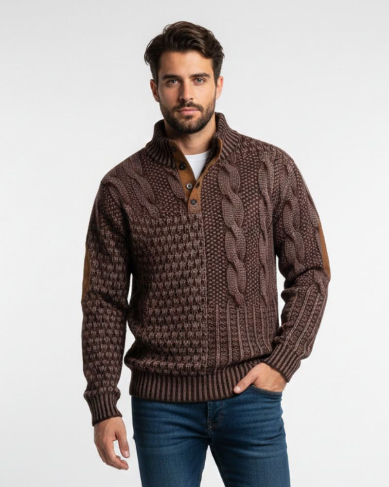 Hombre Jersey Patchwork | Cuello Alto con Botones & Coderas Efecto Ante | Otoño e Invierno