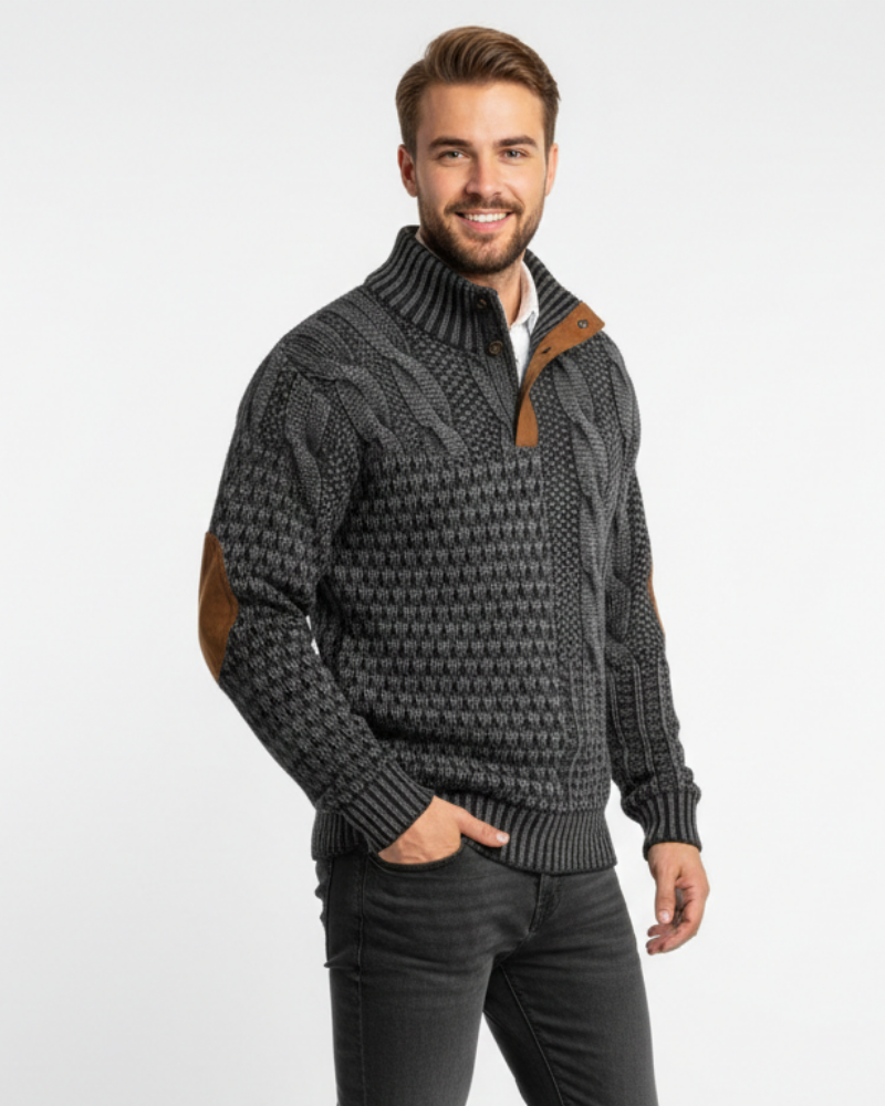Hombre Jersey Patchwork | Cuello Alto con Botones & Coderas Efecto Ante | Otoño e Invierno