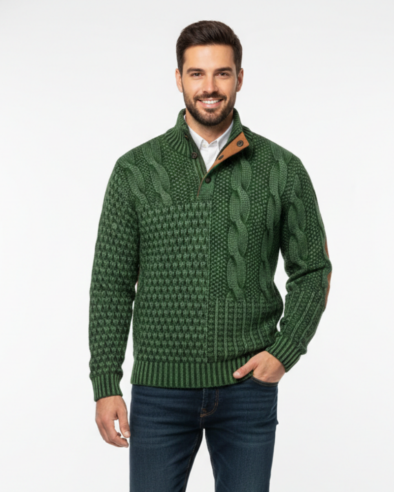 Hombre Jersey Patchwork | Cuello Alto con Botones & Coderas Efecto Ante | Otoño e Invierno