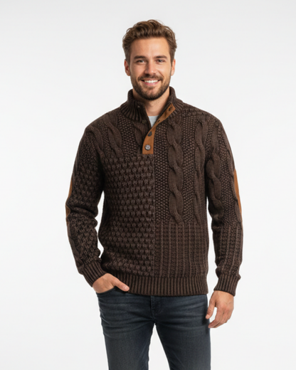 Hombre Jersey Patchwork | Cuello Alto con Botones & Coderas Efecto Ante | Otoño e Invierno