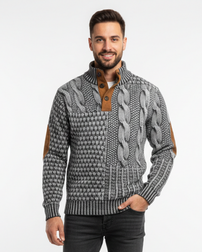 Hombre Jersey Patchwork | Cuello Alto con Botones & Coderas Efecto Ante | Otoño e Invierno