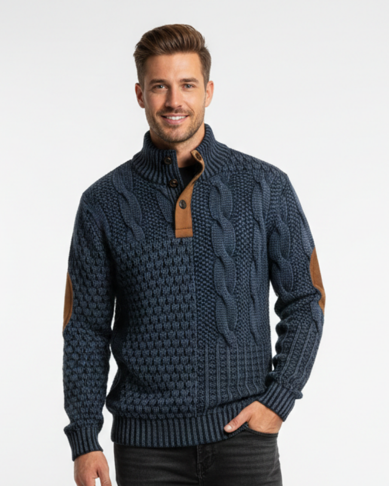 Hombre Jersey Patchwork | Cuello Alto con Botones & Coderas Efecto Ante | Otoño e Invierno