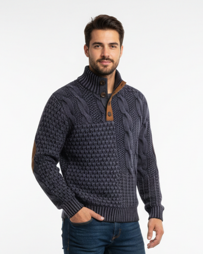 Hombre Jersey Patchwork | Cuello Alto con Botones & Coderas Efecto Ante | Otoño e Invierno