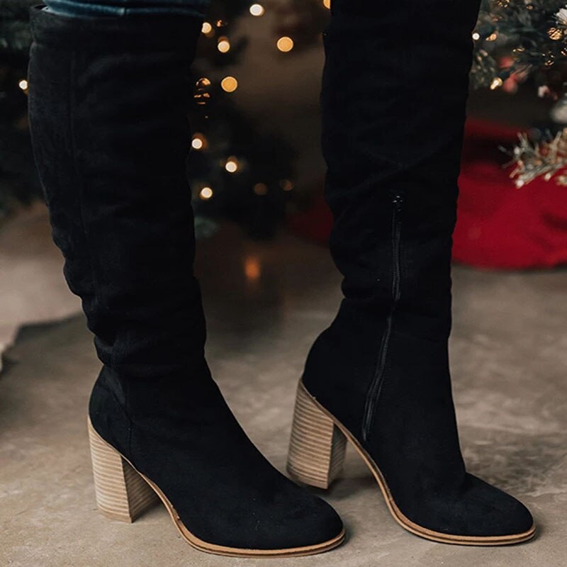 Mujer Botas Altas de Tacón Ancho | Cremallera Lateral & Caña Fruncida | Uso Diario