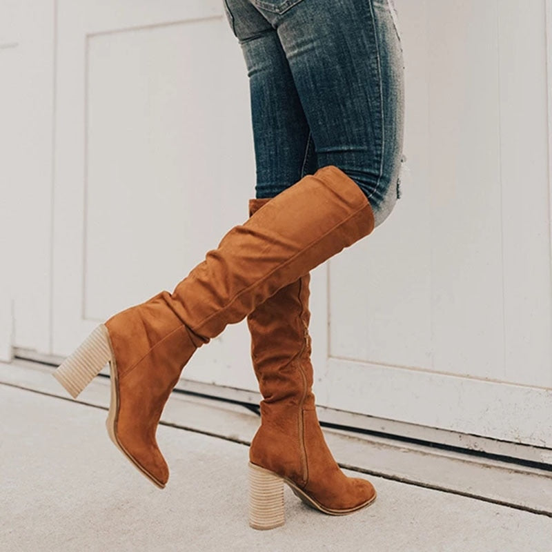 Mujer Botas Altas de Tacón Ancho | Cremallera Lateral & Caña Fruncida | Uso Diario