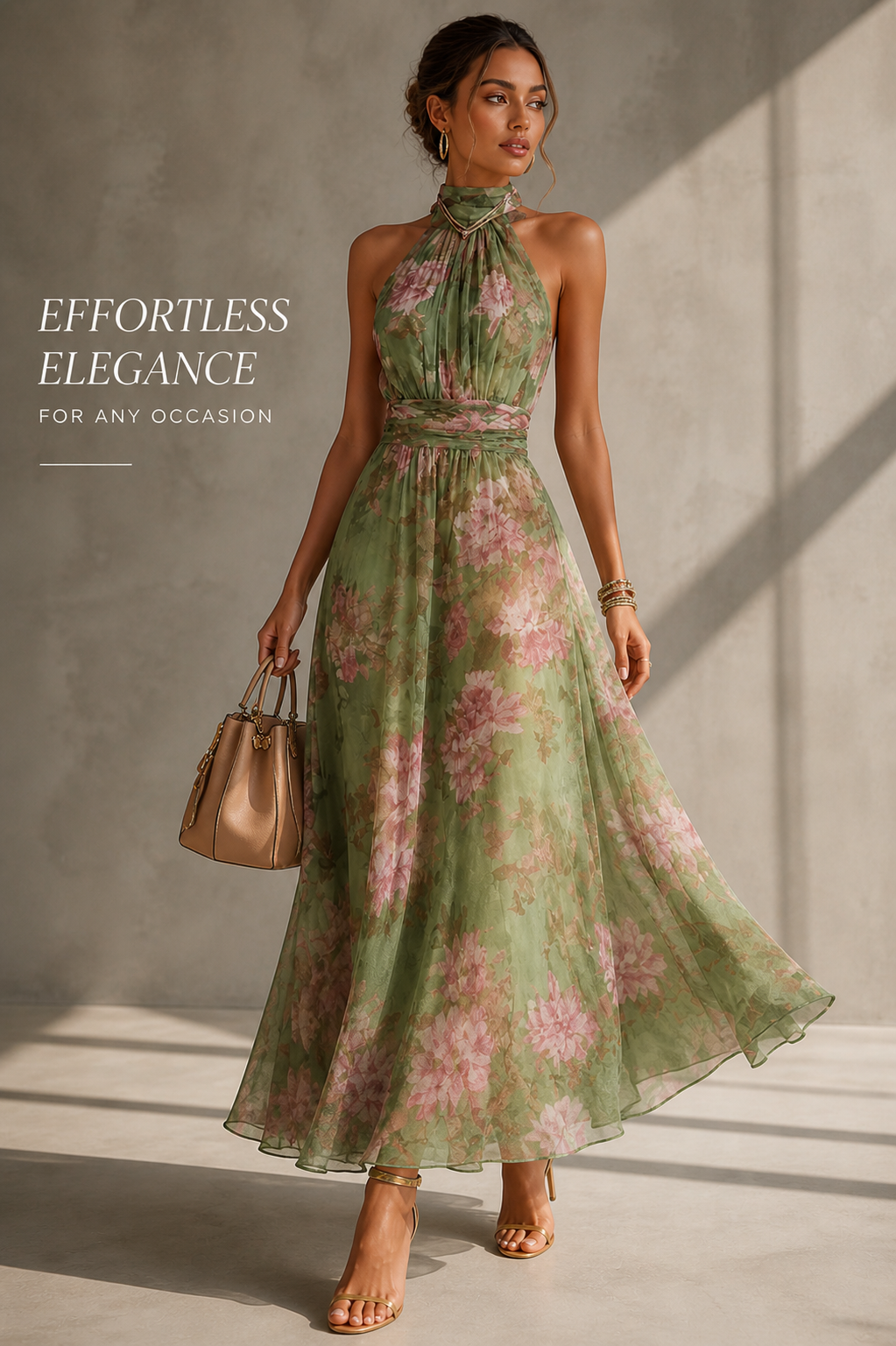 Vestido largo de gasa con estampado floral verde | Escote halter para mujer