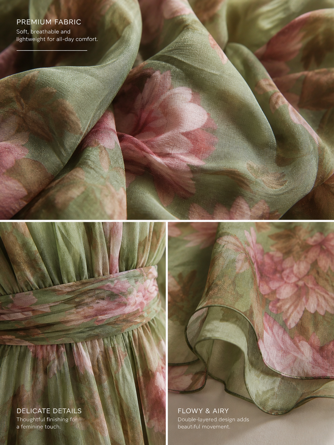 Vestido largo de gasa con estampado floral verde | Escote halter para mujer