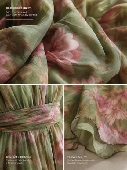 Vestido largo de gasa con estampado floral verde | Escote halter para mujer