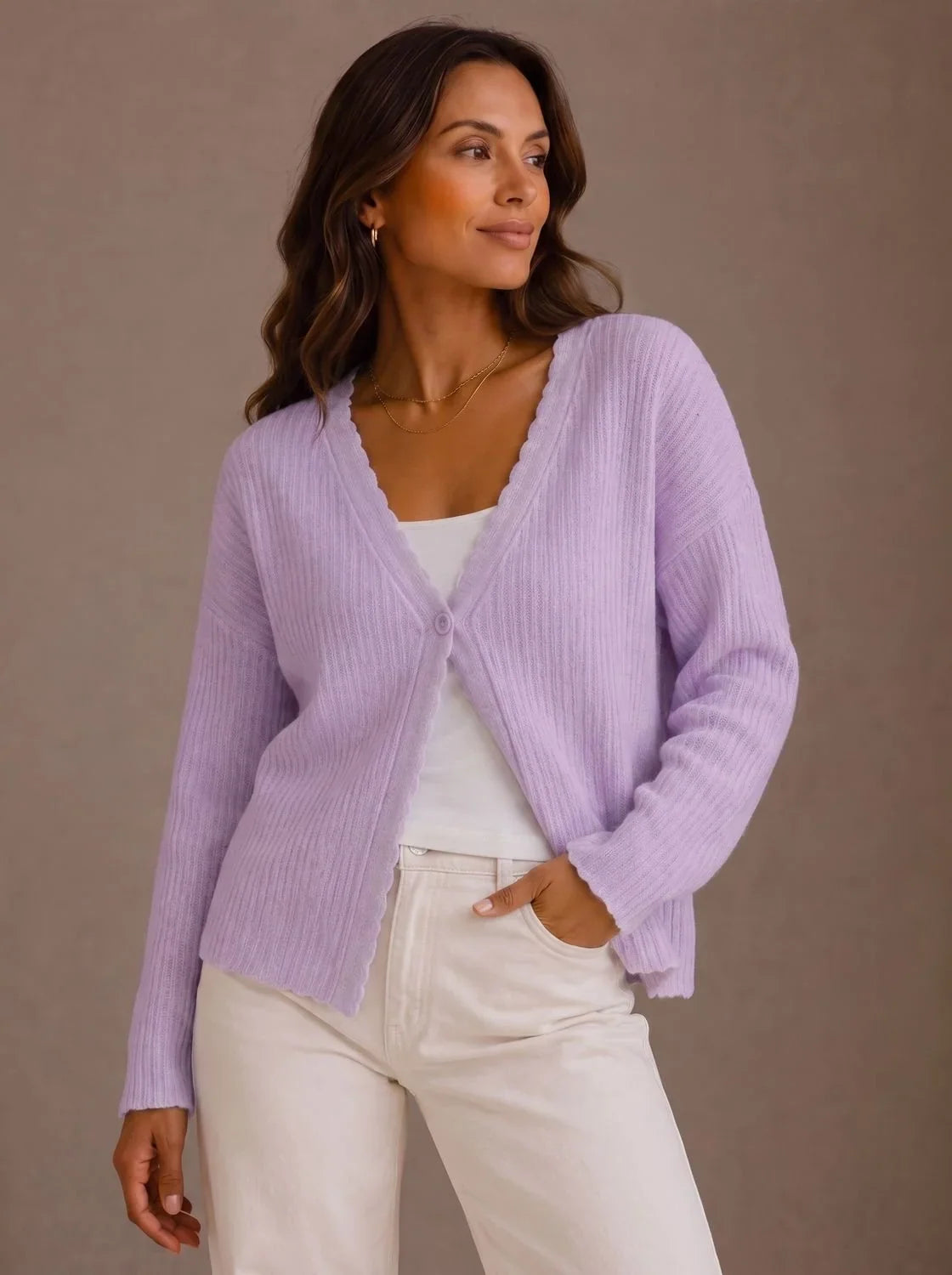 Mujer Cárdigan Corto de Punto | Cuello en V & Cierre de Botón | Uso Diario