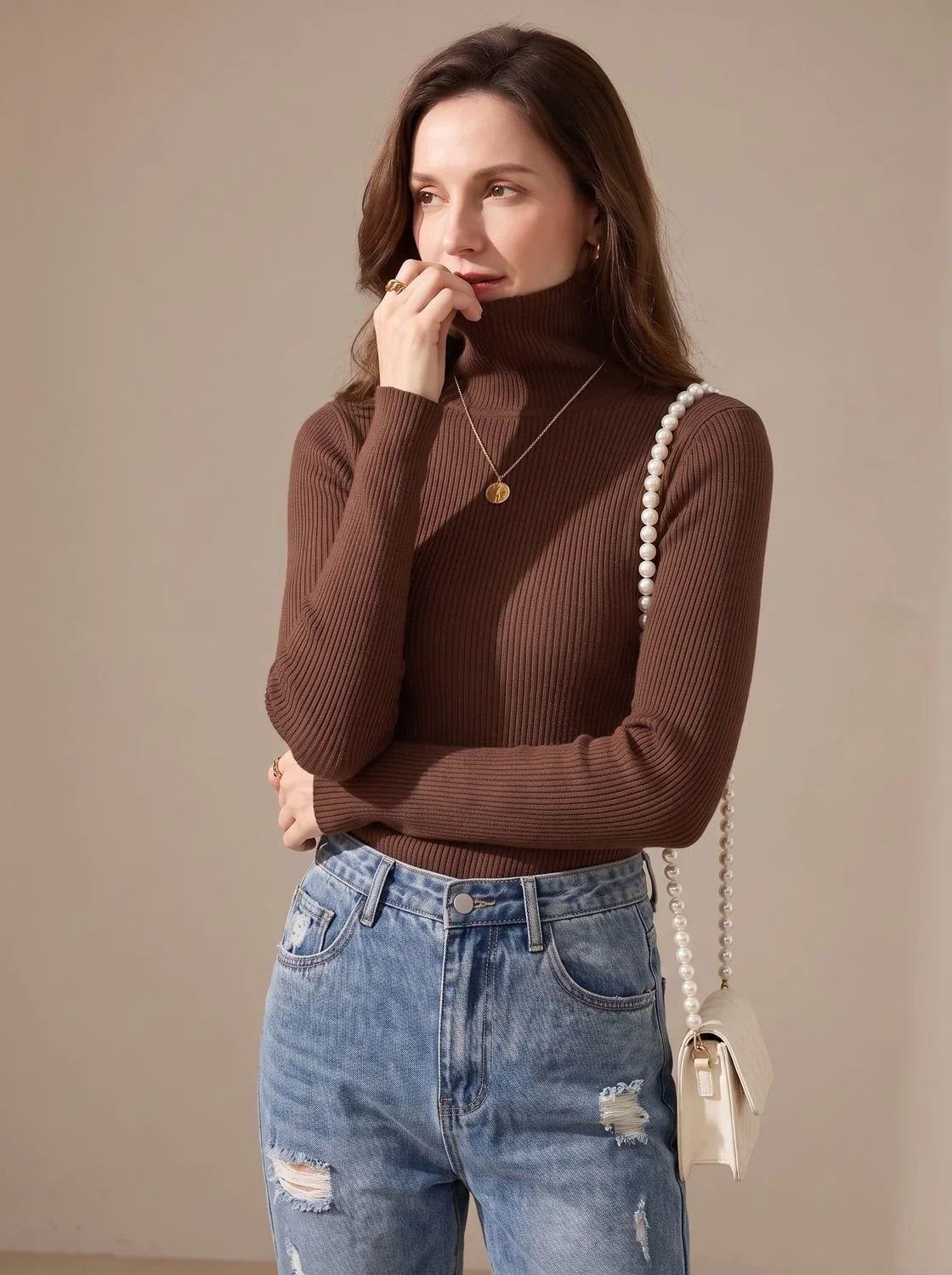 Mujer Jersey de Cuello Alto de Punto | Acanalado & Corte Entallado | Otoño e Invierno
