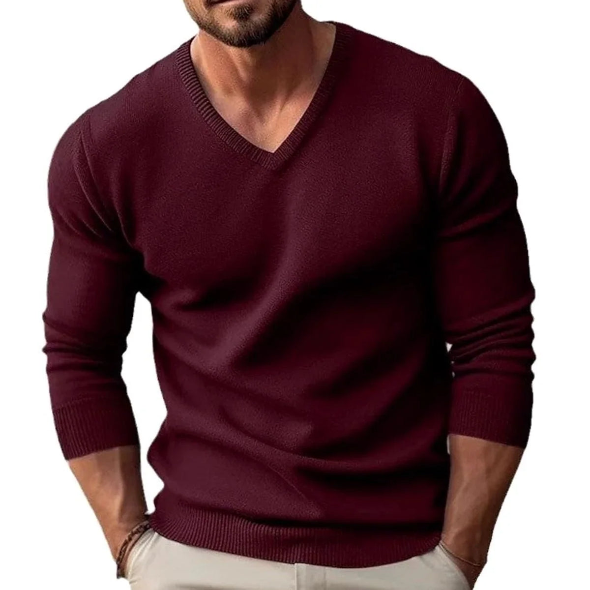 Hombre Jersey de Punto Fino | Cuello de Pico & Corte Ajustado | Uso Diario