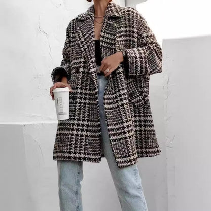 Mujer Abrigo Oversize de Pata de Gallo | Cuello Estructurado & Diseño Abierto | Otoño e Invierno