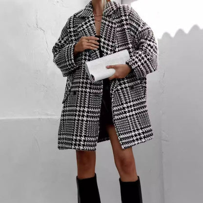 Mujer Abrigo Oversize de Pata de Gallo | Cuello Estructurado & Diseño Abierto | Otoño e Invierno