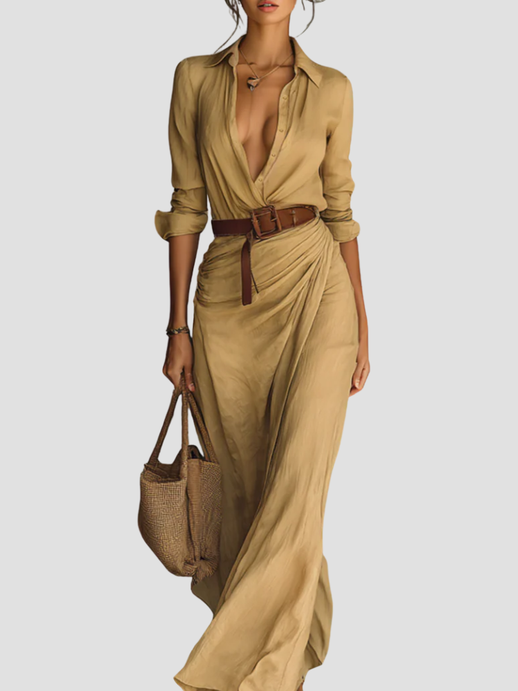 Vestido largo elegante con cinturón para mujer | Cuello camisero y botones