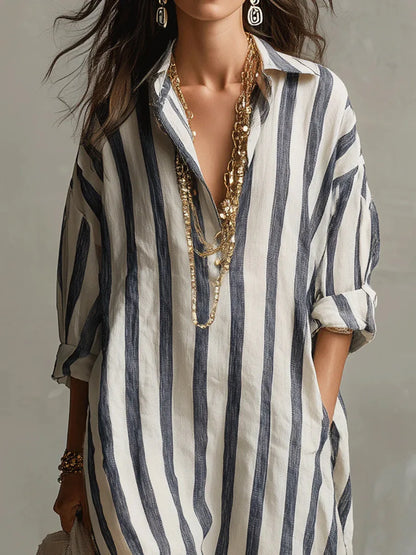 Vestido camisero largo de lino | Rayas suaves y cuello en V