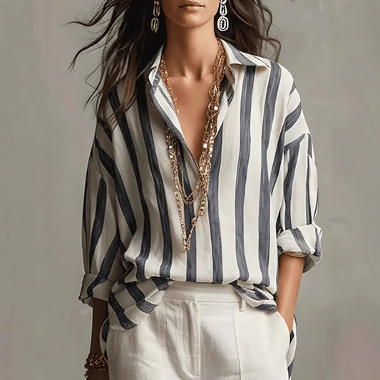 Mujer Camisa de Lino a Rayas | Tejido Transpirable & Corte Holgado | Casual y Vacaciones