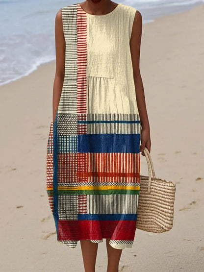 Vestido midi sin mangas con estampado geométrico | Corte recto elegante