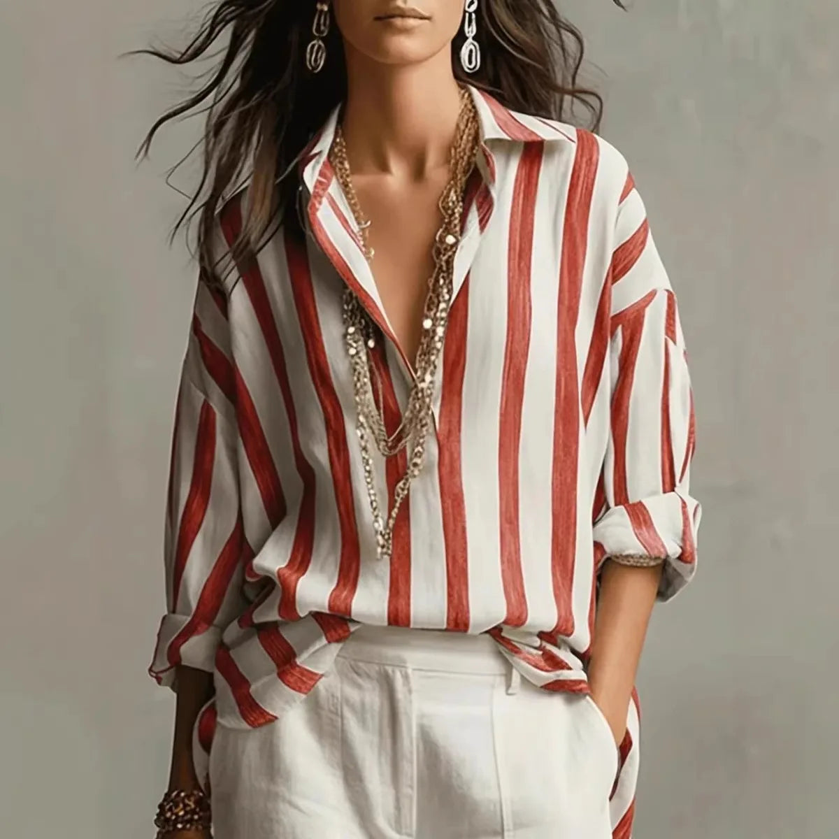 Mujer Camisa de Lino a Rayas | Tejido Transpirable & Corte Holgado | Casual y Vacaciones