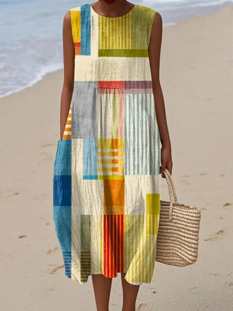 Vestido midi sin mangas con estampado geométrico | Corte recto elegante