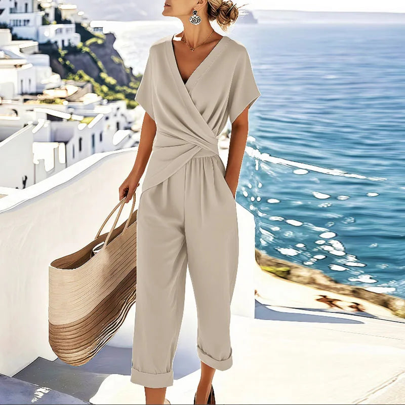 Conjunto elegante de dos piezas con top cruzado y pantalón | Mezcla de viscosa y lino