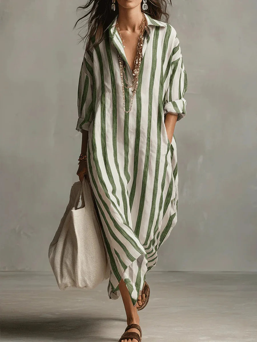 Vestido camisero largo de lino | Rayas suaves y cuello en V