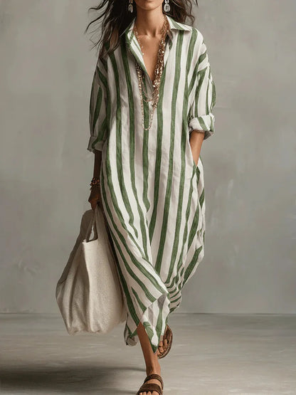 Vestido camisero largo de lino | Rayas suaves y cuello en V