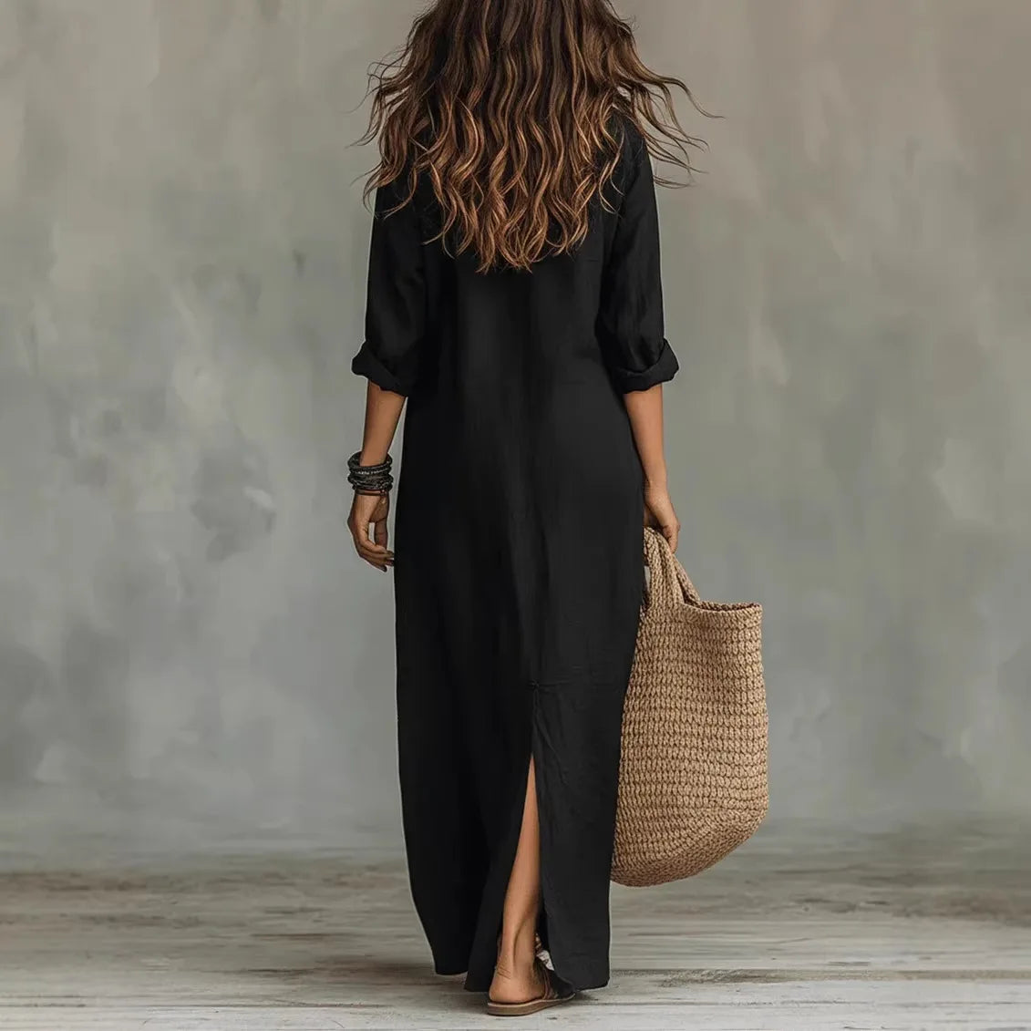 Camisa larga de lino para mujer | Cuello vuelto y corte holgado