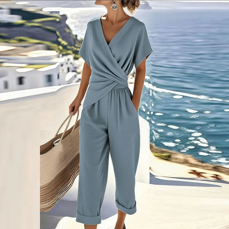 Conjunto elegante de dos piezas con top cruzado y pantalón | Mezcla de viscosa y lino