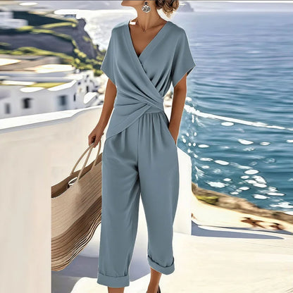 Conjunto elegante de dos piezas con top cruzado y pantalón | Mezcla de viscosa y lino