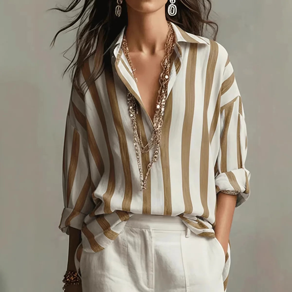 Mujer Camisa de Lino a Rayas | Tejido Transpirable & Corte Holgado | Casual y Vacaciones