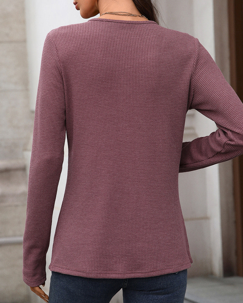 Mujer Camiseta Henley de Manga Larga | Textura Nido de Abeja & Cierre de Botones | Uso Diario