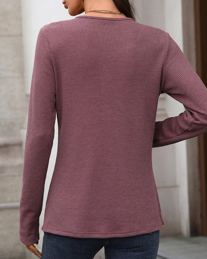 Mujer Camiseta Henley de Manga Larga | Textura Nido de Abeja & Cierre de Botones | Uso Diario